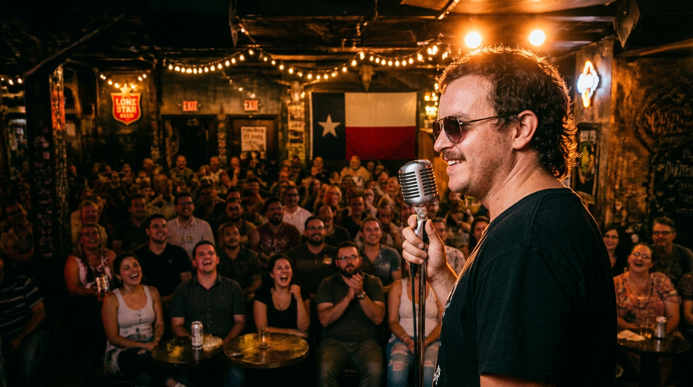 A packed Texas comedy club crowd laughing during a set